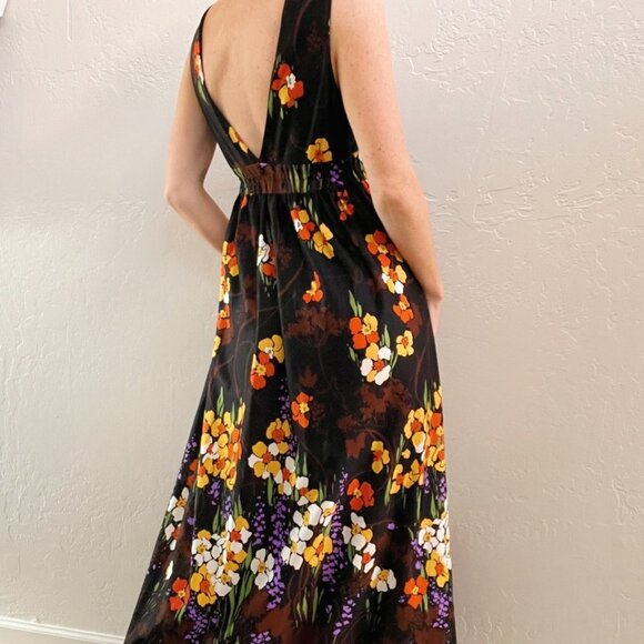 Vintage Floral Maxi Dress - Black, Orange, Purple - Picture 7 of 9